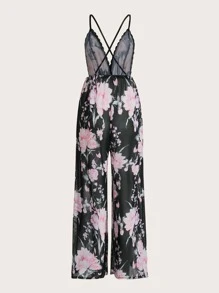 Floral Print Contrast Lace Cami Sleep Jumpsuit - Multicolor - View 2
