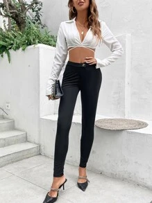 SHEIN Essnce Leggings unicolor con diseño de botón - Negro - Ver 6