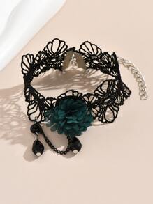 Bead Charm Flower Decor Anklet - Black - View 2
