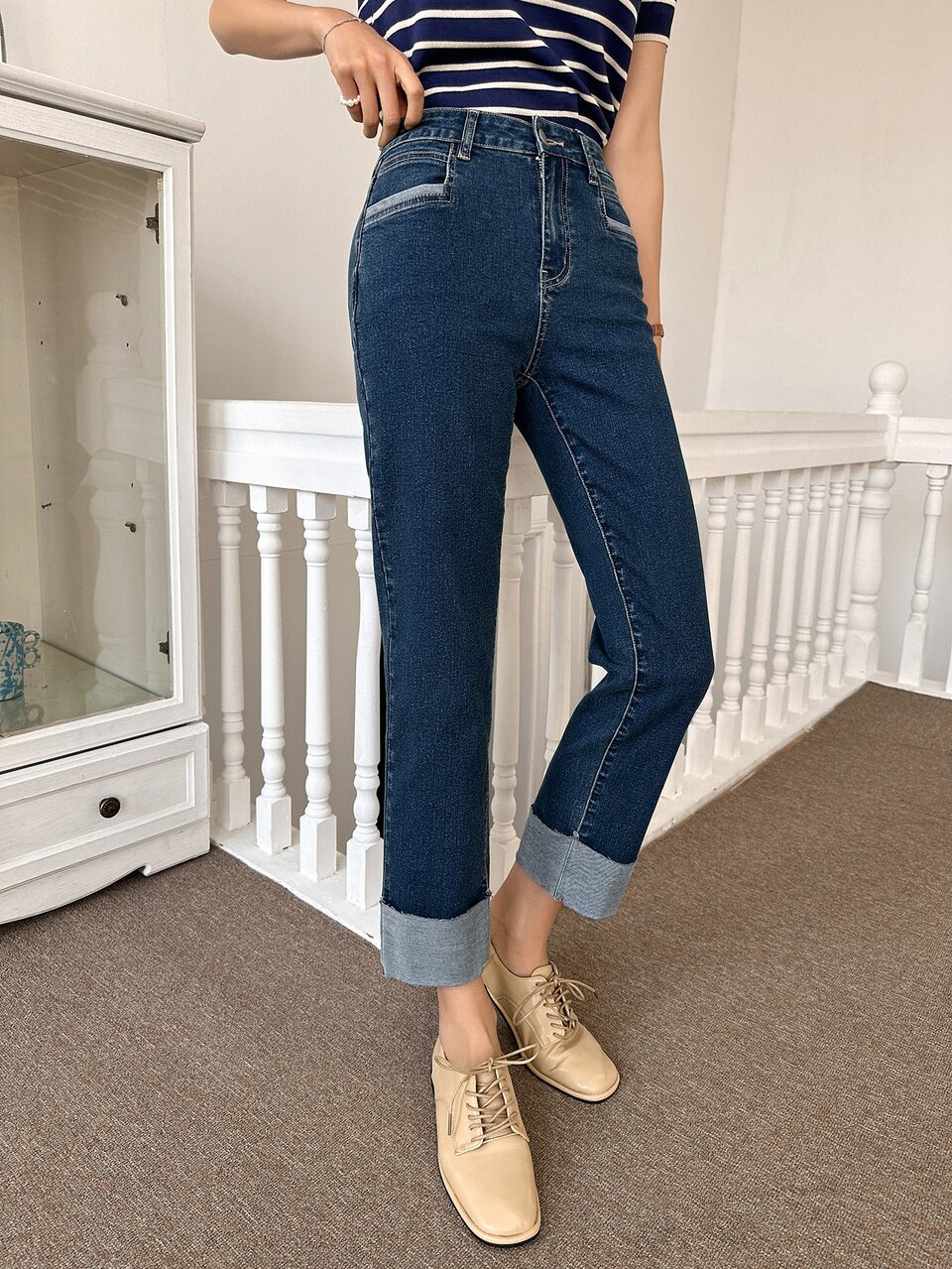High Waist Roll Up Hem Straight Leg Jeans