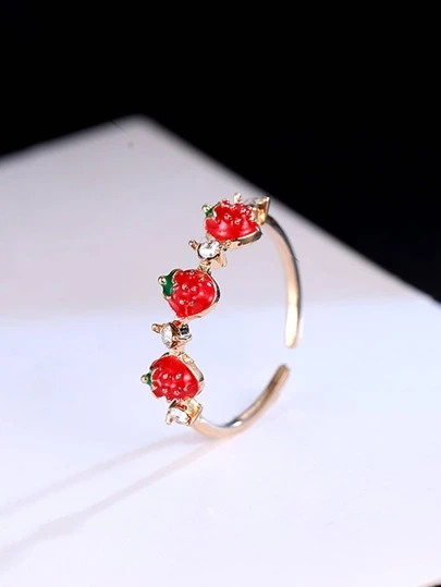 1 件水钻装饰红色草莓可调节戒指，女士珠宝，女士戒指，结婚订婚戒指，适合圣诞节和派对约会礼物