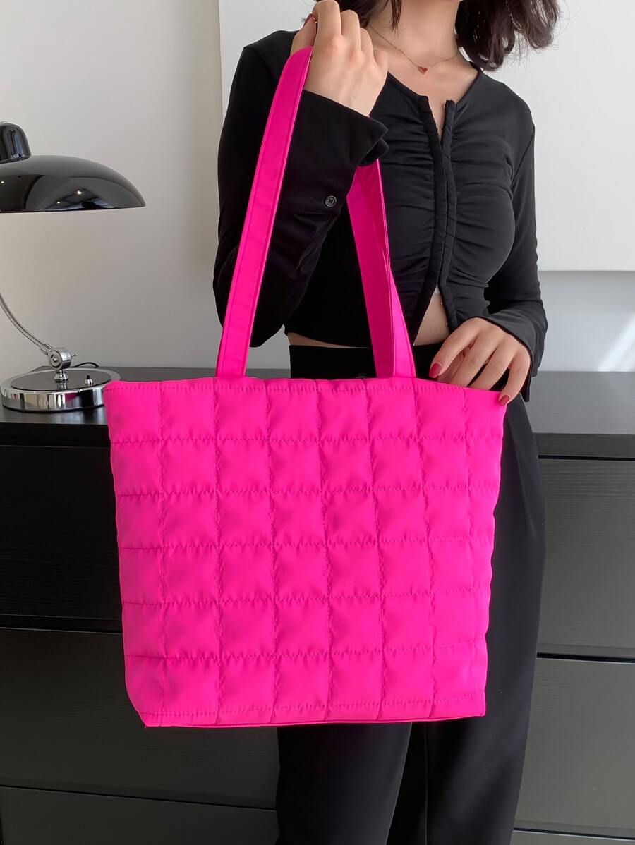 Neon Pink Quilted Design Shoulder Tote Bag - Hot Pink - View 1