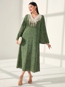 Al Najma 小碎花流蘇細節喇叭袖連衣裙 - 綠色 - 查看 1