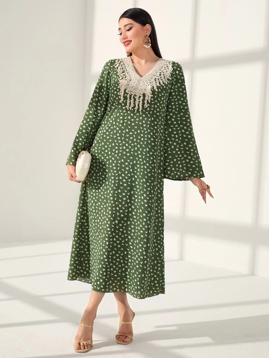 Al Najma 小碎花流蘇細節喇叭袖連衣裙 - 綠色 - 查看 1