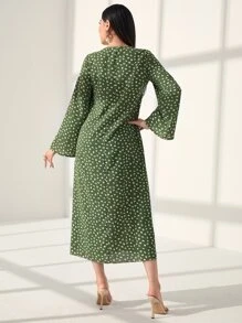 Al Najma 小碎花流蘇細節喇叭袖連衣裙 - 綠色 - 查看 2