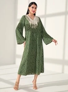 Al Najma 小碎花流蘇細節喇叭袖連衣裙 - 綠色 - 查看 3