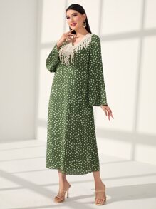 Al Najma 小碎花流蘇細節喇叭袖連衣裙 - 綠色 - 查看 4