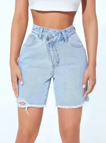 SHEIN PETITE Stepped Waist Ripped Raw Hem Denim Shorts - Light Wash - View 1