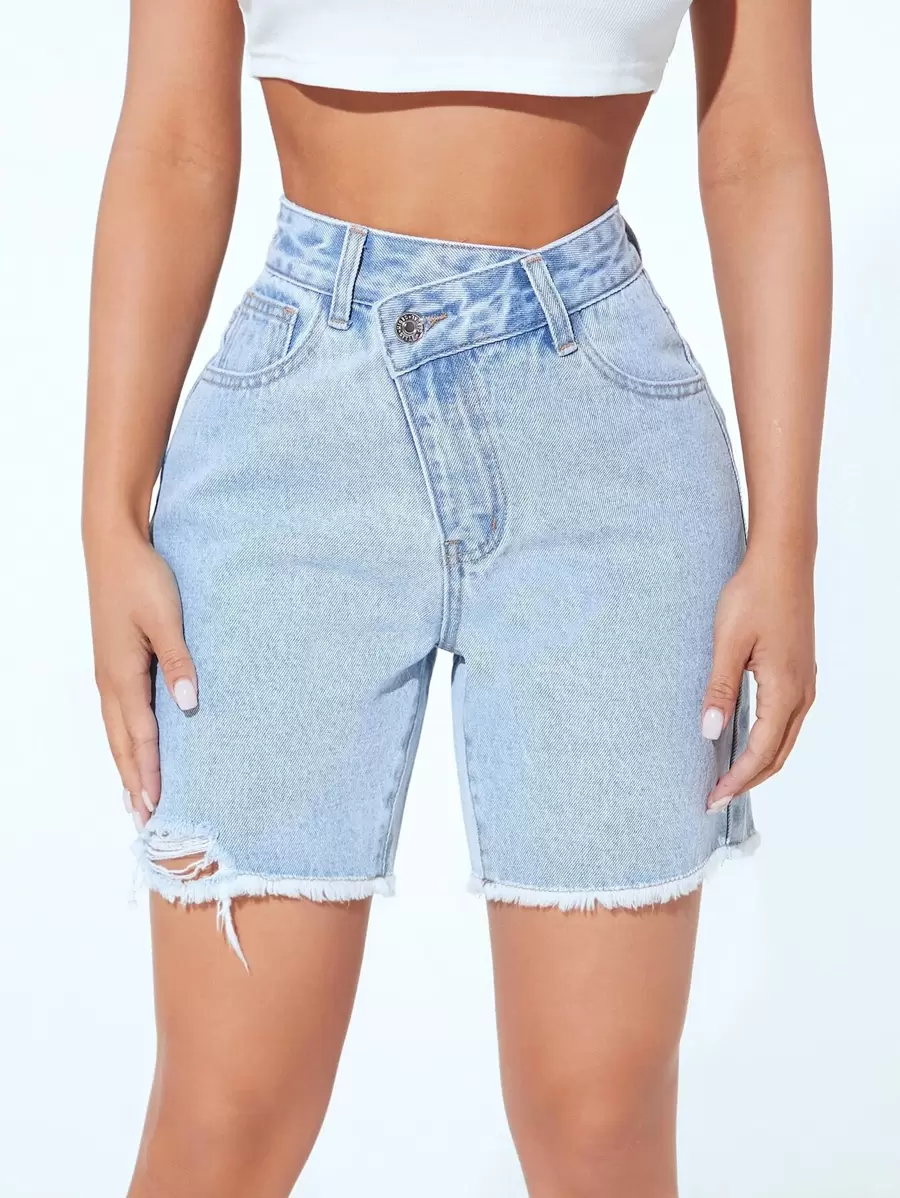 SHEIN PETITE Stepped Waist Ripped Raw Hem Denim Shorts - Light Wash - View 1