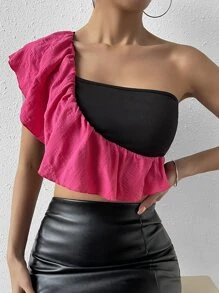 SHEIN Privé Two Tone One Shoulder Ruffle Trim Crop Top - Black - View 3
