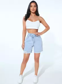 SHEIN PETITE Stepped Waist Ripped Raw Hem Denim Shorts - Light Wash - View 3