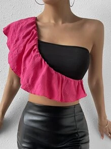 SHEIN Privé Two Tone One Shoulder Ruffle Trim Crop Top - Black - View 4