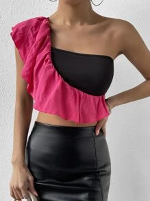 SHEIN Privé Two Tone One Shoulder Ruffle Trim Crop Top - Black - View 5