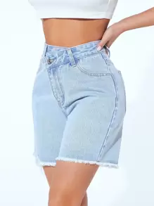 SHEIN PETITE Stepped Waist Ripped Raw Hem Denim Shorts - Light Wash - View 4