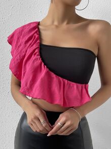 SHEIN Privé Two Tone One Shoulder Ruffle Trim Crop Top - Black - View 6