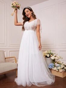 Solid Color Lace Contrast Mesh Ruffle Wedding Dress - White - View 1
