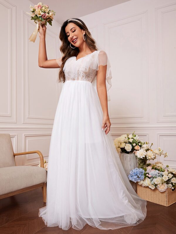 Solid Color Lace Contrast Mesh Ruffle Wedding Dress