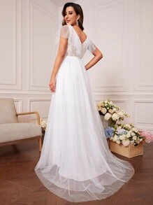 Solid Color Lace Contrast Mesh Ruffle Wedding Dress - White - View 2