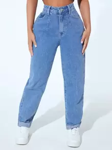 SHEIN PETITE High Waist Mom Fit Jeans - Medium Wash - View 1