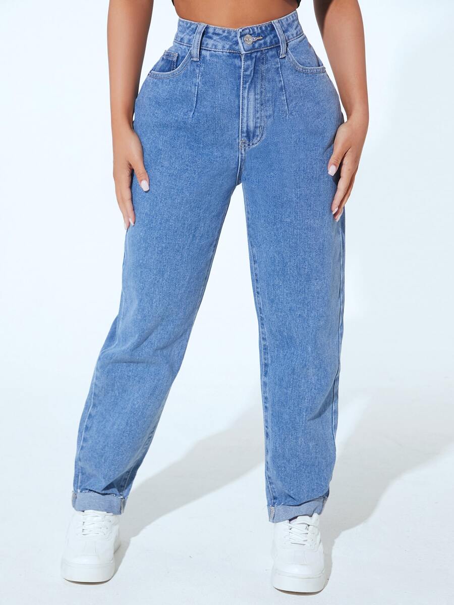 SHEIN PETITE High Waist Mom Fit Jeans - Medium Wash - View 1