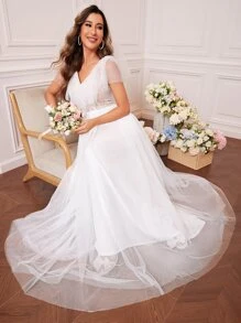 Solid Color Lace Contrast Mesh Ruffle Wedding Dress - White - View 3