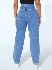 SHEIN PETITE High Waist Mom Fit Jeans - Medium Wash - View 2