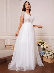 Solid Color Lace Contrast Mesh Ruffle Wedding Dress - White - View 5