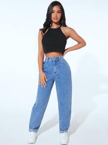 SHEIN PETITE High Waist Mom Fit Jeans - Medium Wash - View 3