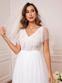 Solid Color Lace Contrast Mesh Ruffle Wedding Dress - White - View 6
