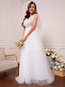Solid Color Lace Contrast Mesh Ruffle Wedding Dress - White - View 7