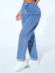 SHEIN PETITE High Waist Mom Fit Jeans - Medium Wash - View 5