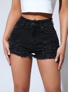 SHEIN PETITE Quần short denim nữ Túi Hem thô Bị tách màu trơn - màu đen - Xem 1