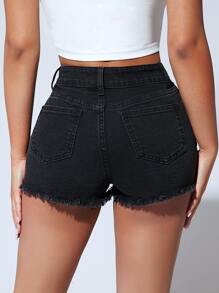 SHEIN PETITE Quần short denim nữ Túi Hem thô Bị tách màu trơn - màu đen - Xem 2