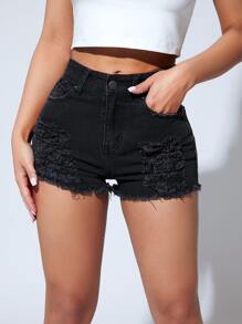 SHEIN PETITE Quần short denim nữ Túi Hem thô Bị tách màu trơn - màu đen - Xem 4
