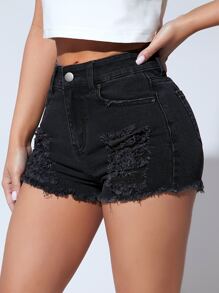 SHEIN PETITE Quần short denim nữ Túi Hem thô Bị tách màu trơn - màu đen - Xem 5