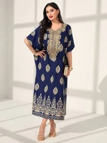 Al Najma Gold Damask Print Batwing Sleeve Kaftan Eid Dress - Navy Blue - View 1