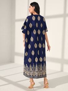 Al Najma Gold Damask Print Batwing Sleeve Kaftan Eid Dress - Navy Blue - View 2