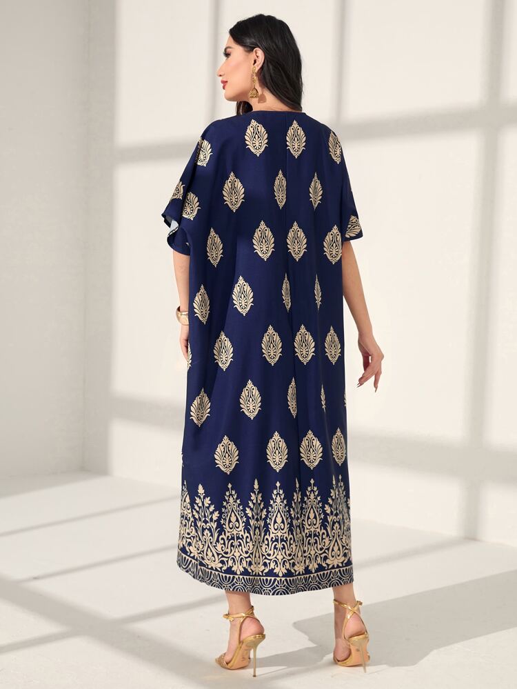 Gold Damask Print Batwing Sleeve Kaftan Eid Dress