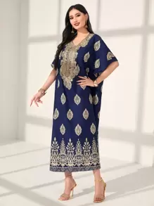 Al Najma Gold Damask Print Batwing Sleeve Kaftan Eid Dress - Navy Blue - View 3