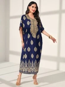 Al Najma Gold Damask Print Batwing Sleeve Kaftan Eid Dress - Navy Blue - View 4