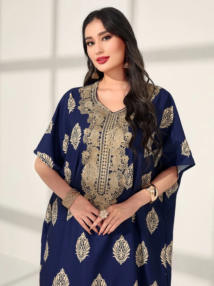 Gold Damask Print Batwing Sleeve Kaftan Eid Dress