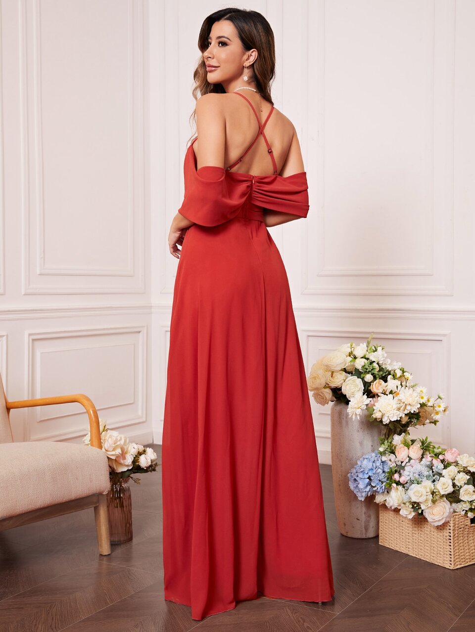 Cold Shoulder Zip Back Split Thigh Dress