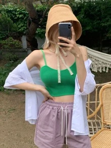 DAZY 1入組素色針織吊帶短上衣 - 綠色 - 查看 1