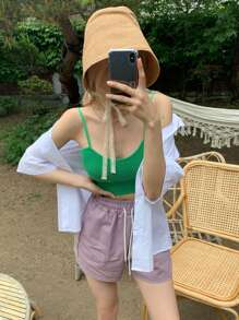 DAZY 1入組素色針織吊帶短上衣 - 綠色 - 查看 7