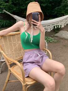 DAZY 1入組素色針織吊帶短上衣 - 綠色 - 查看 8