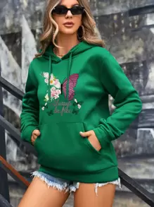 INAWLY Butterfly & Floral Print Kangaroo Pocket Drop Shoulder Drawstring Hoodie - Green - View 3