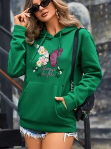 INAWLY Butterfly & Floral Print Kangaroo Pocket Drop Shoulder Drawstring Hoodie - Green - View 4