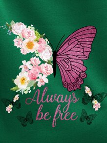 INAWLY Butterfly & Floral Print Kangaroo Pocket Drop Shoulder Drawstring Hoodie - Green - View 6