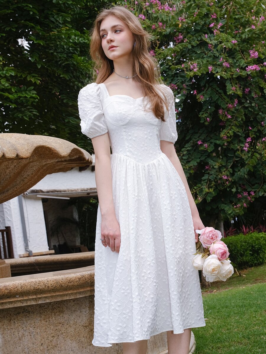 Jacquard Square Neck Puff Sleeve Dress - White - View 1