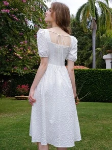 Jacquard Square Neck Puff Sleeve Dress - White - View 2
